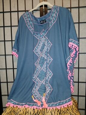 Blue Embroidered Pom-Pom Women’s Top / Beach Coverup